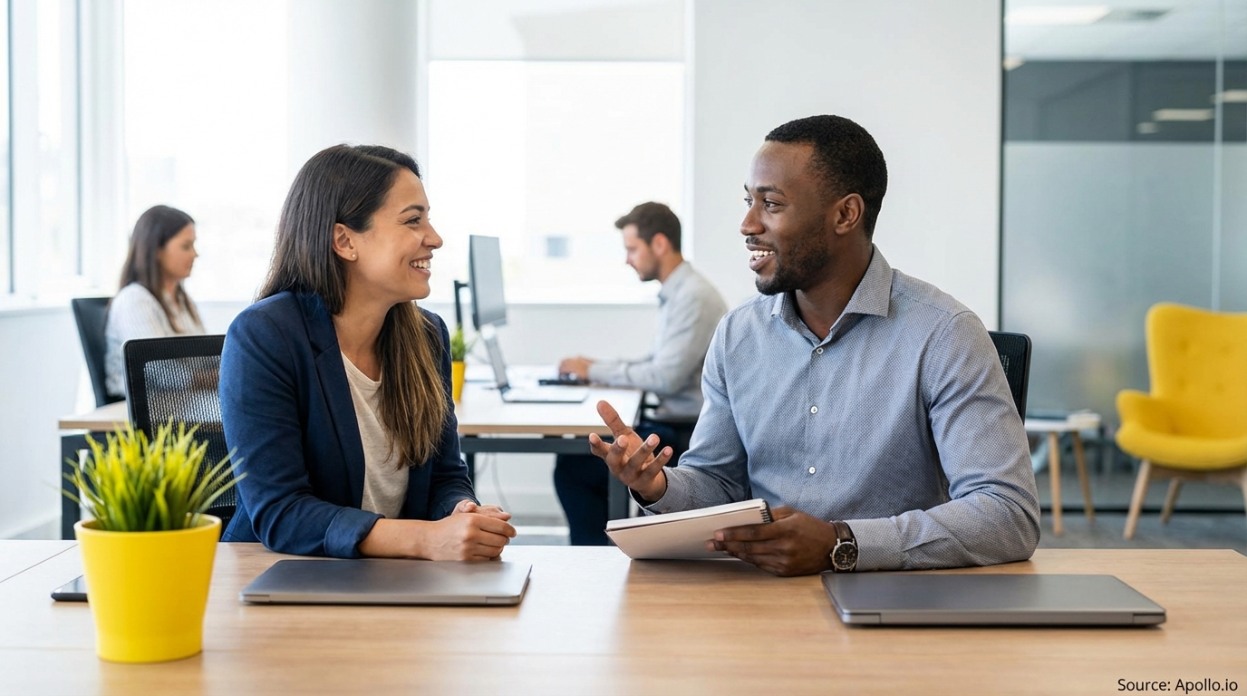 Two professionals talk at a modern office desk, colleagues work in background.