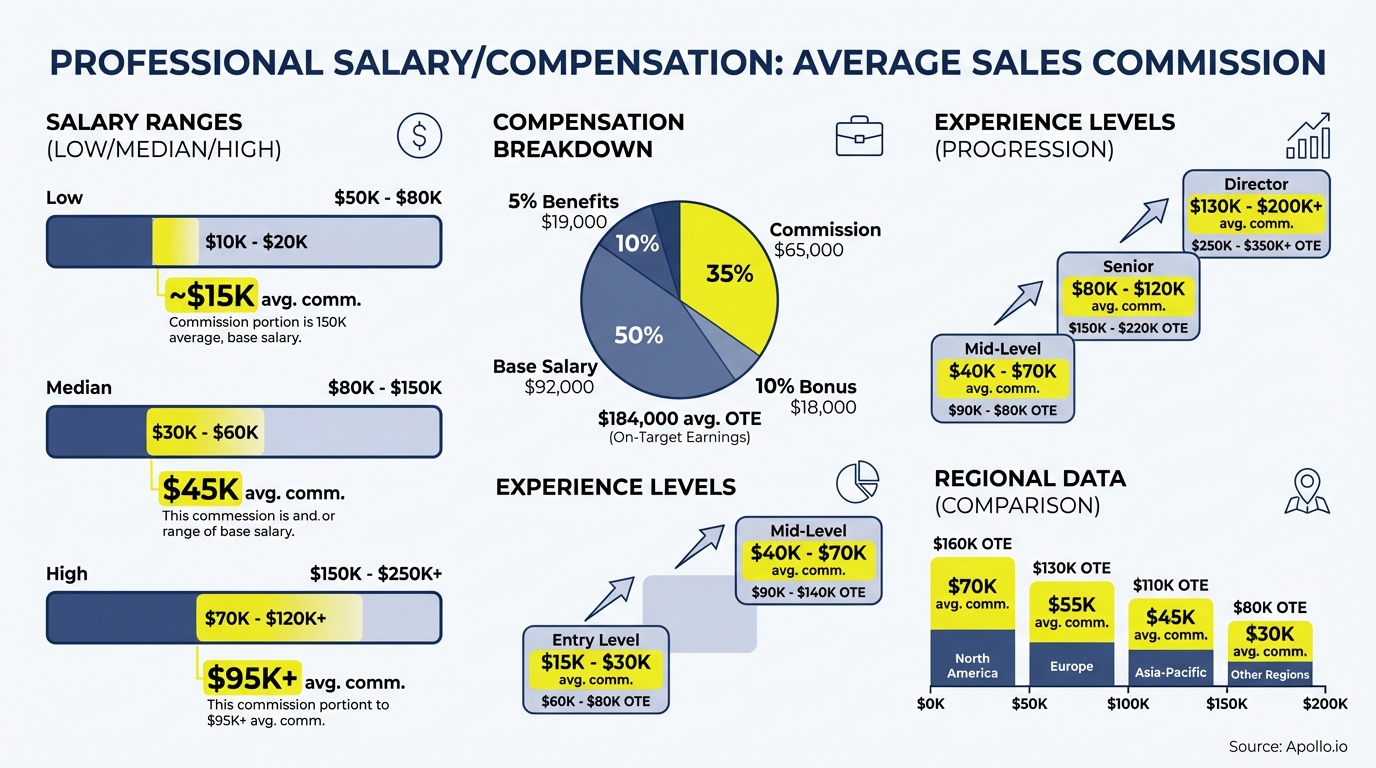 Infographic showing average sales commission by salary, compensation breakdown, experience, and region.