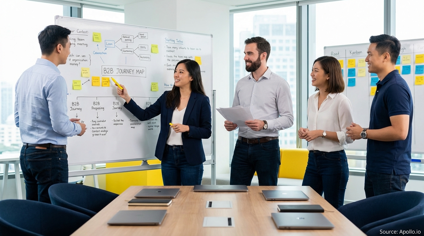 Team having a focused discussion around a meeting table in a modern workplace