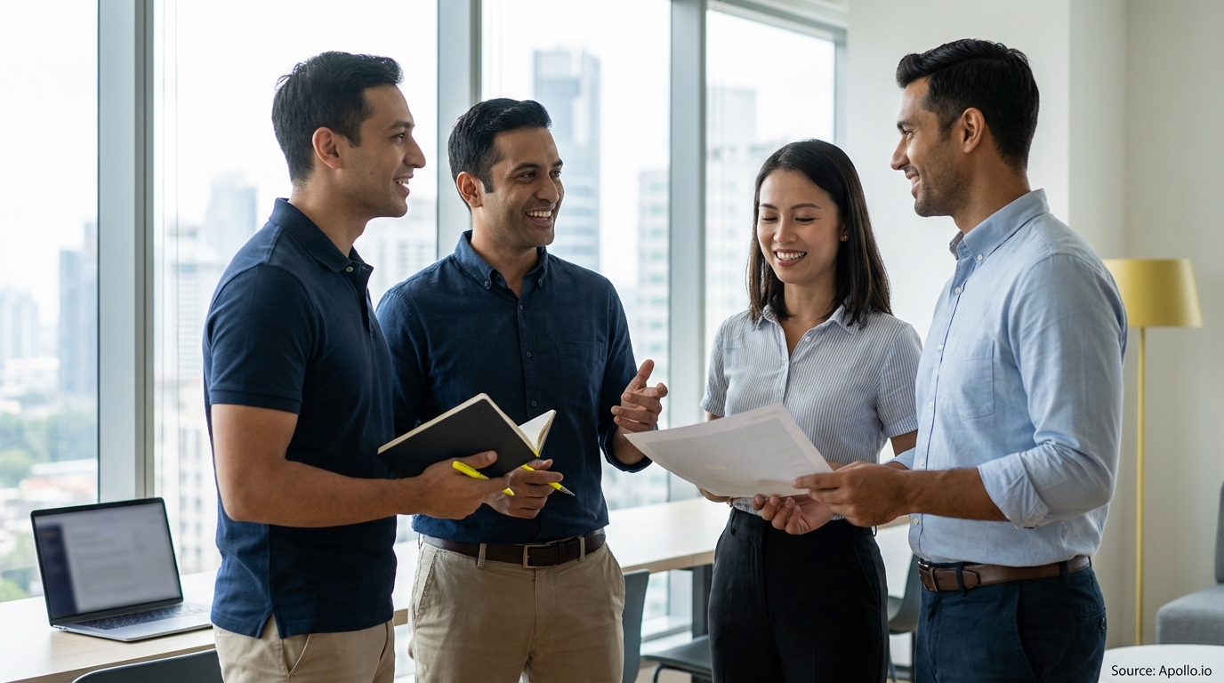 Four people discuss documents and a notebook in a bright modern office.