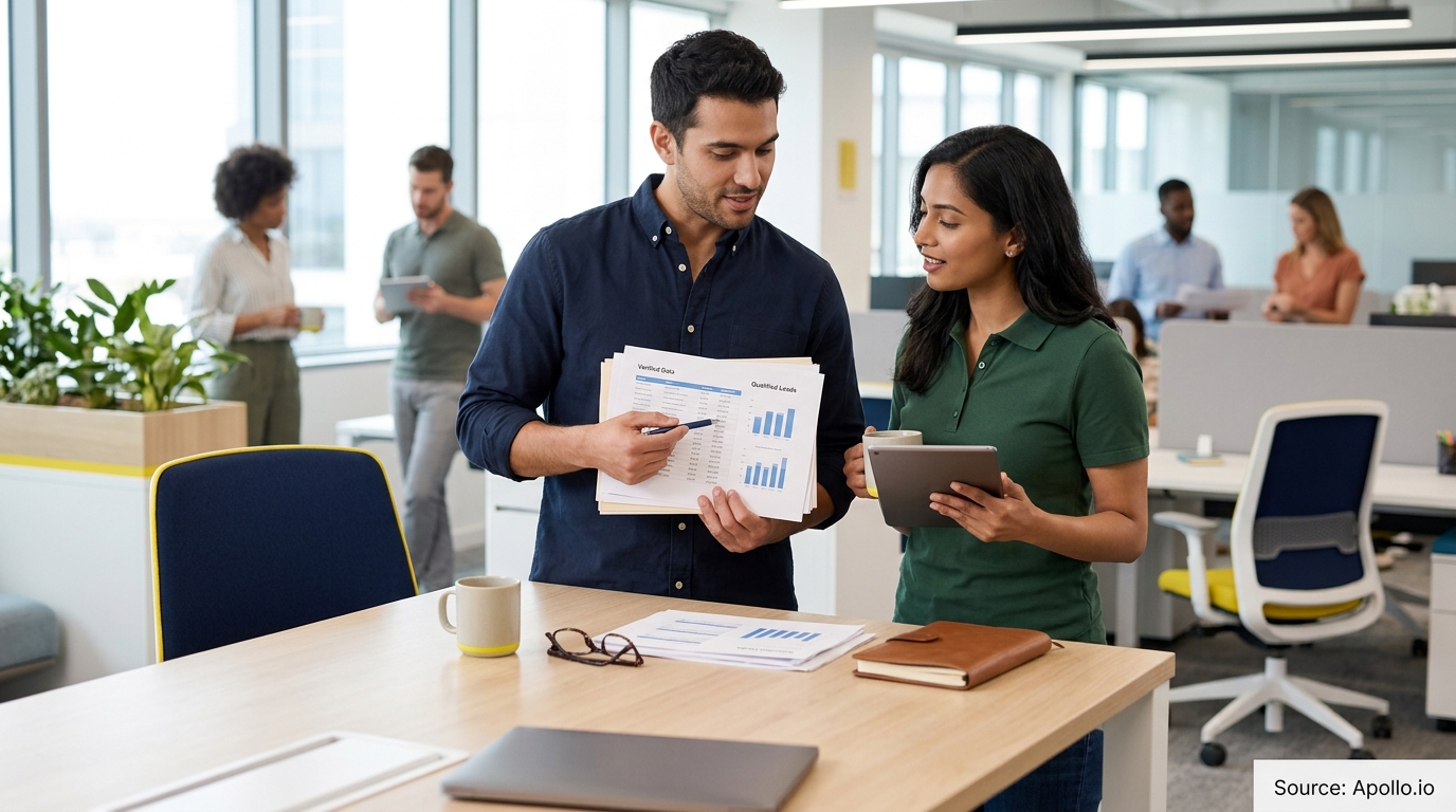 Two colleagues review printed data reports and a digital tablet in a modern open-plan office.