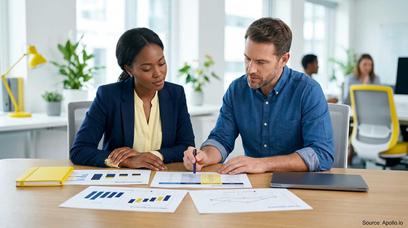 Two colleagues review data charts and business reports together at a desk in a bright office.