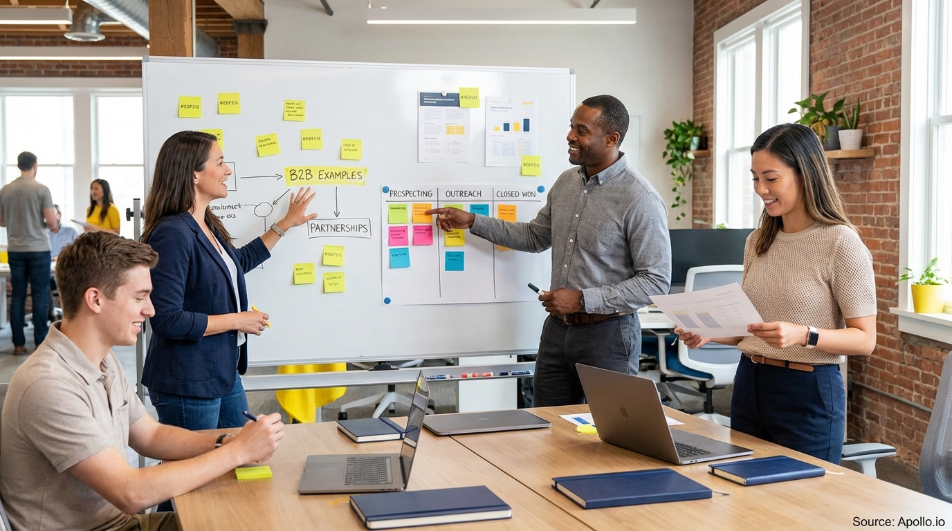 Team having a focused discussion around a meeting table in a modern workplace