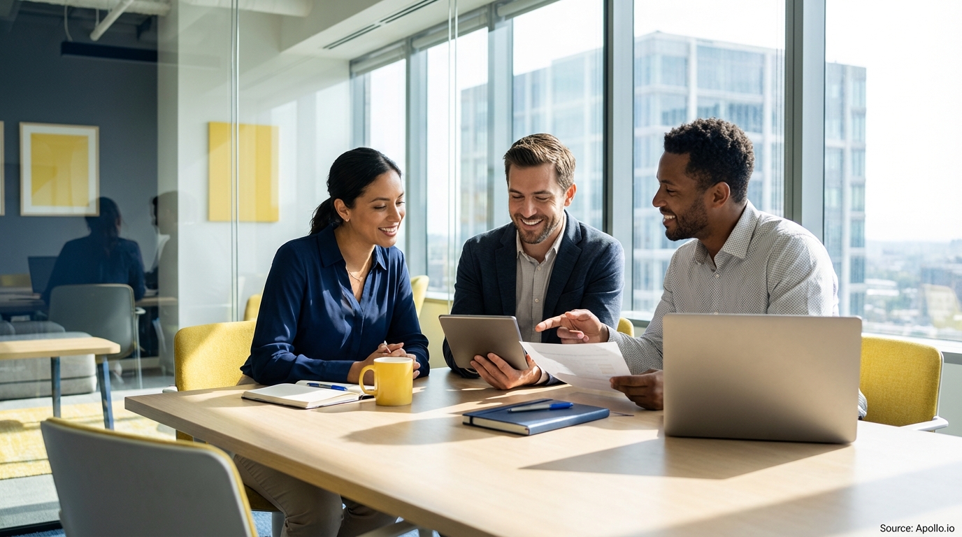 Three diverse professionals collaborate, looking at a tablet and papers in a modern office.