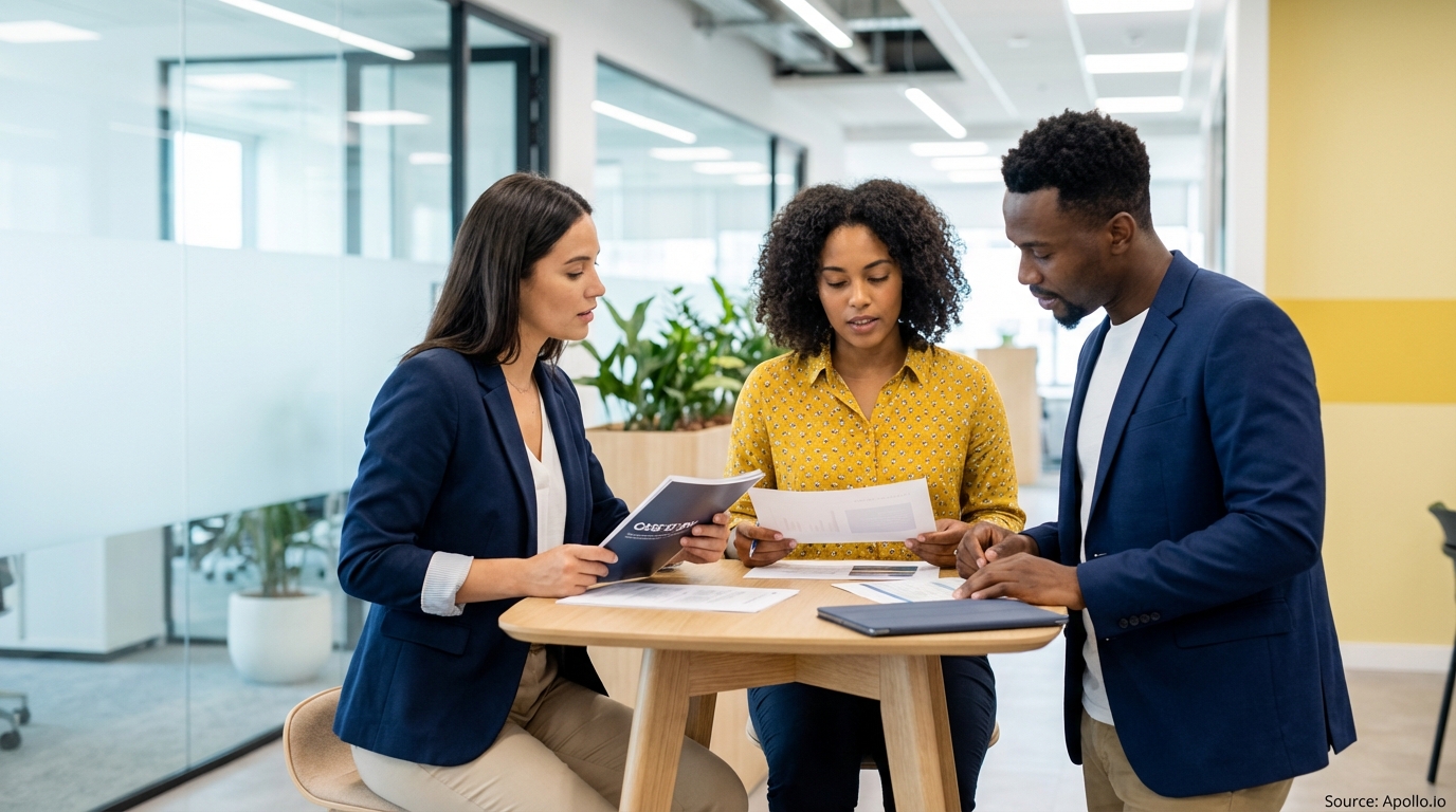 Three diverse professionals discussing documents at a modern office table.