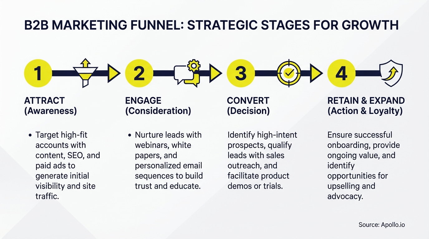 An infographic illustrating four strategic stages of a B2B marketing funnel with descriptive icons.