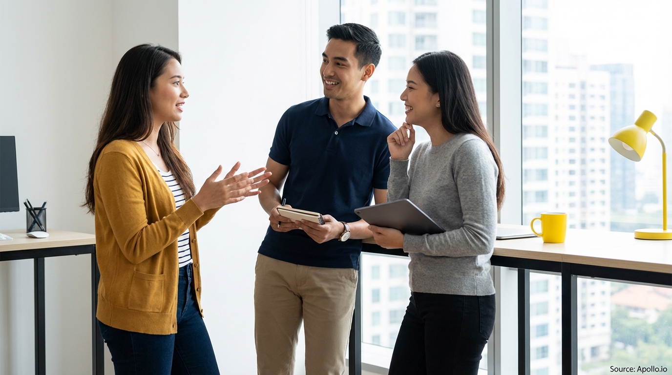 Three smiling professionals discussing in a bright, modern office with a city view.
