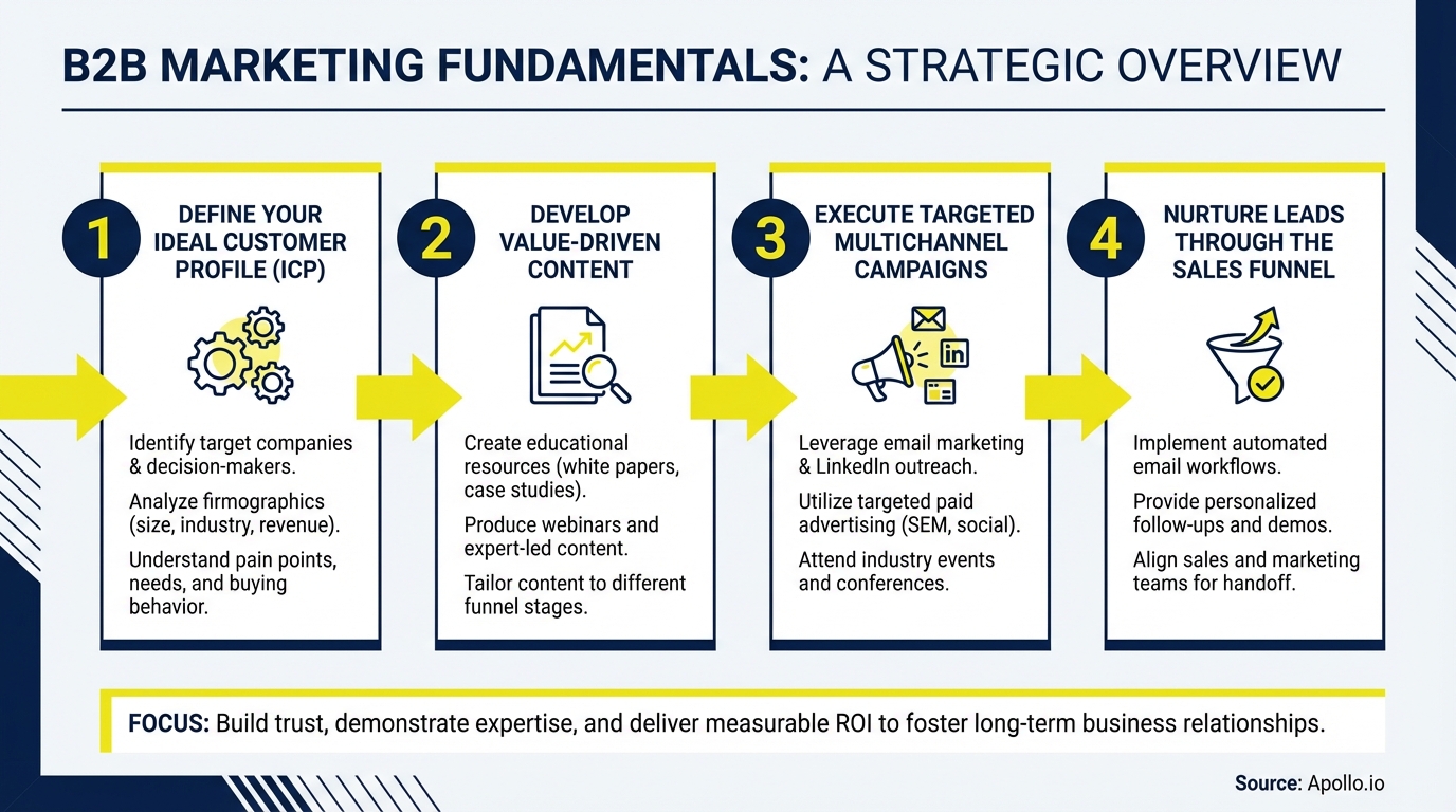 Infographic outlining four key B2B marketing steps: profile, content, campaigns, and nurturing leads.