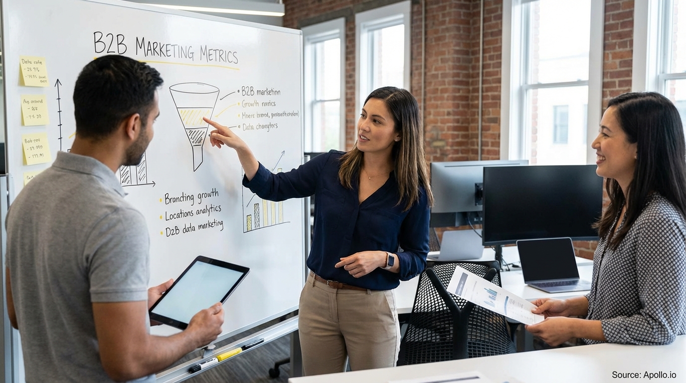 Team reviewing hand-drawn charts on a whiteboard analyzing performance data
