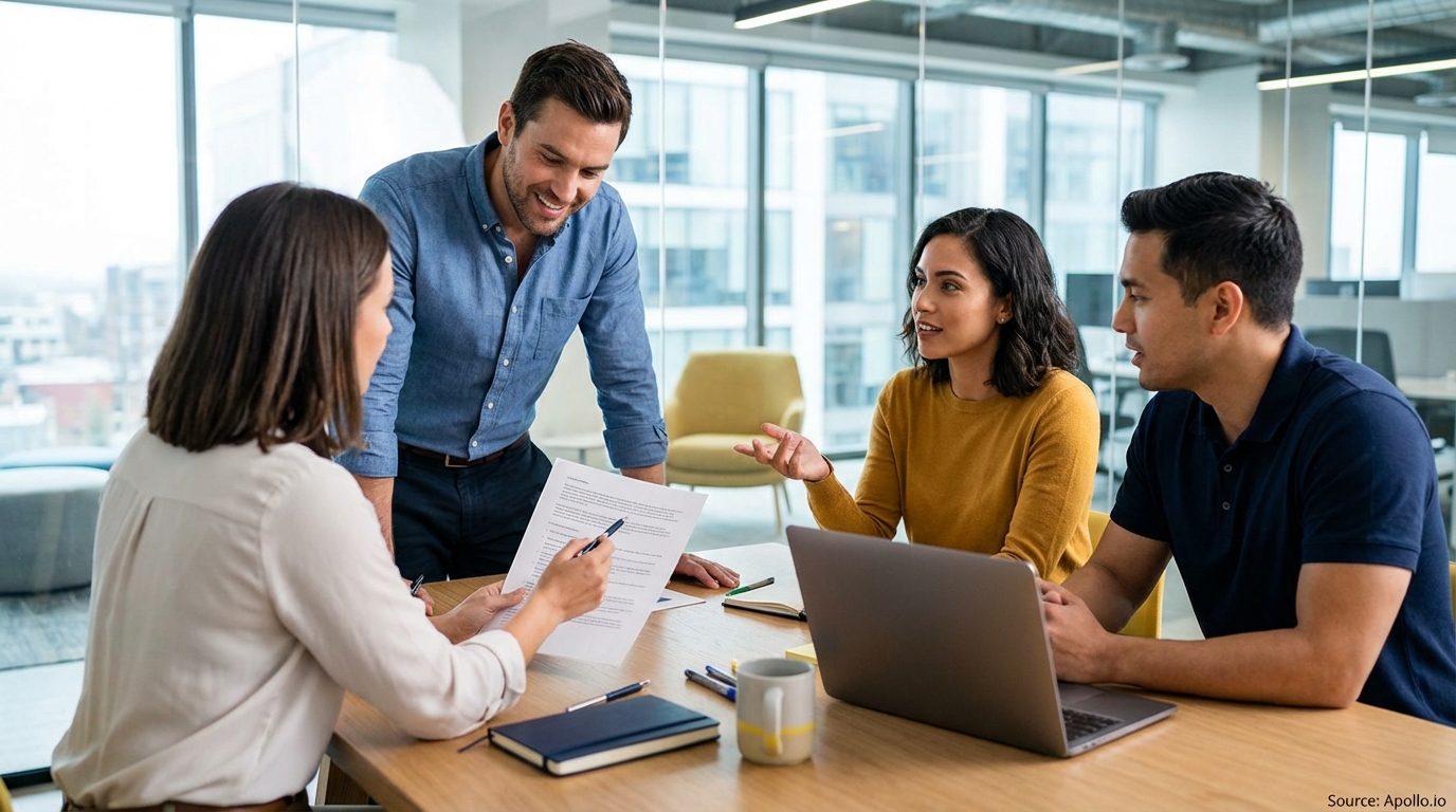 Four professionals discuss documents and a laptop at a modern office table.
