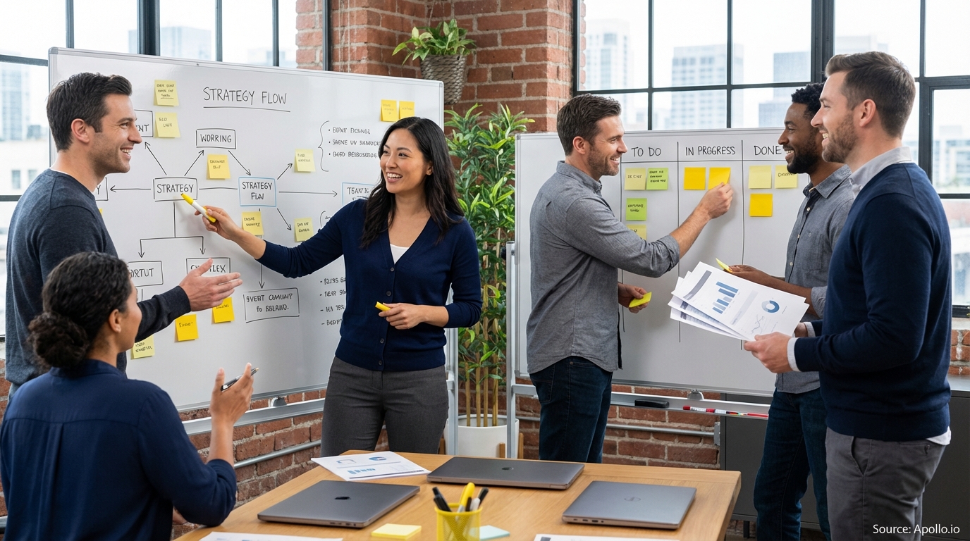 Team having a focused discussion around a meeting table evaluating sales technology options