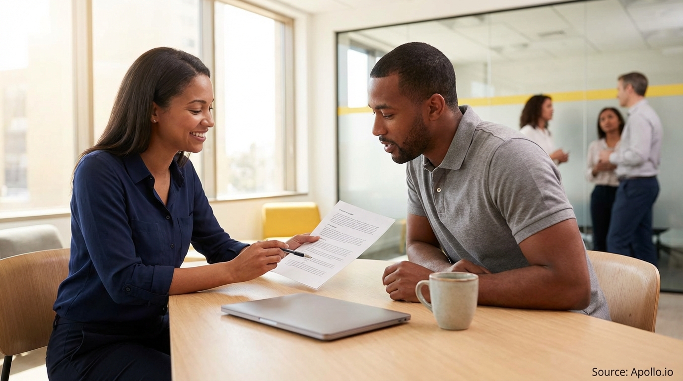 Two colleagues review a document at a bright office table, others chat nearby.