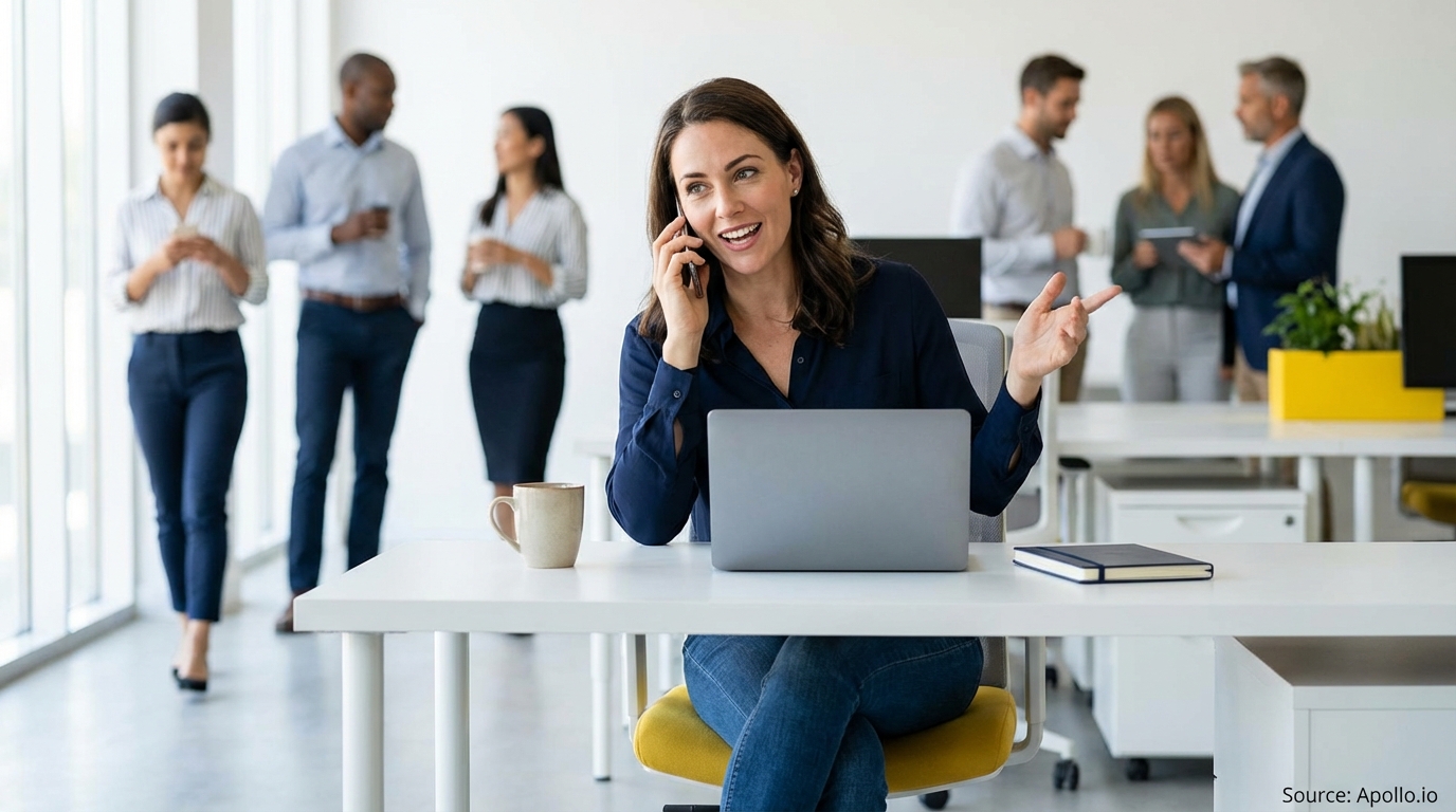 Smiling woman talks on phone at laptop in a bright modern office with colleagues.