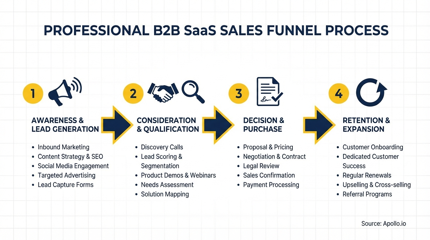 A four-step flowchart outlines the professional B2B SaaS sales funnel process with descriptive icons.