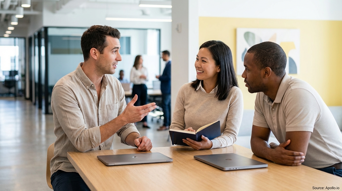 Three professionals discuss at a light wood table with laptops in a modern office.