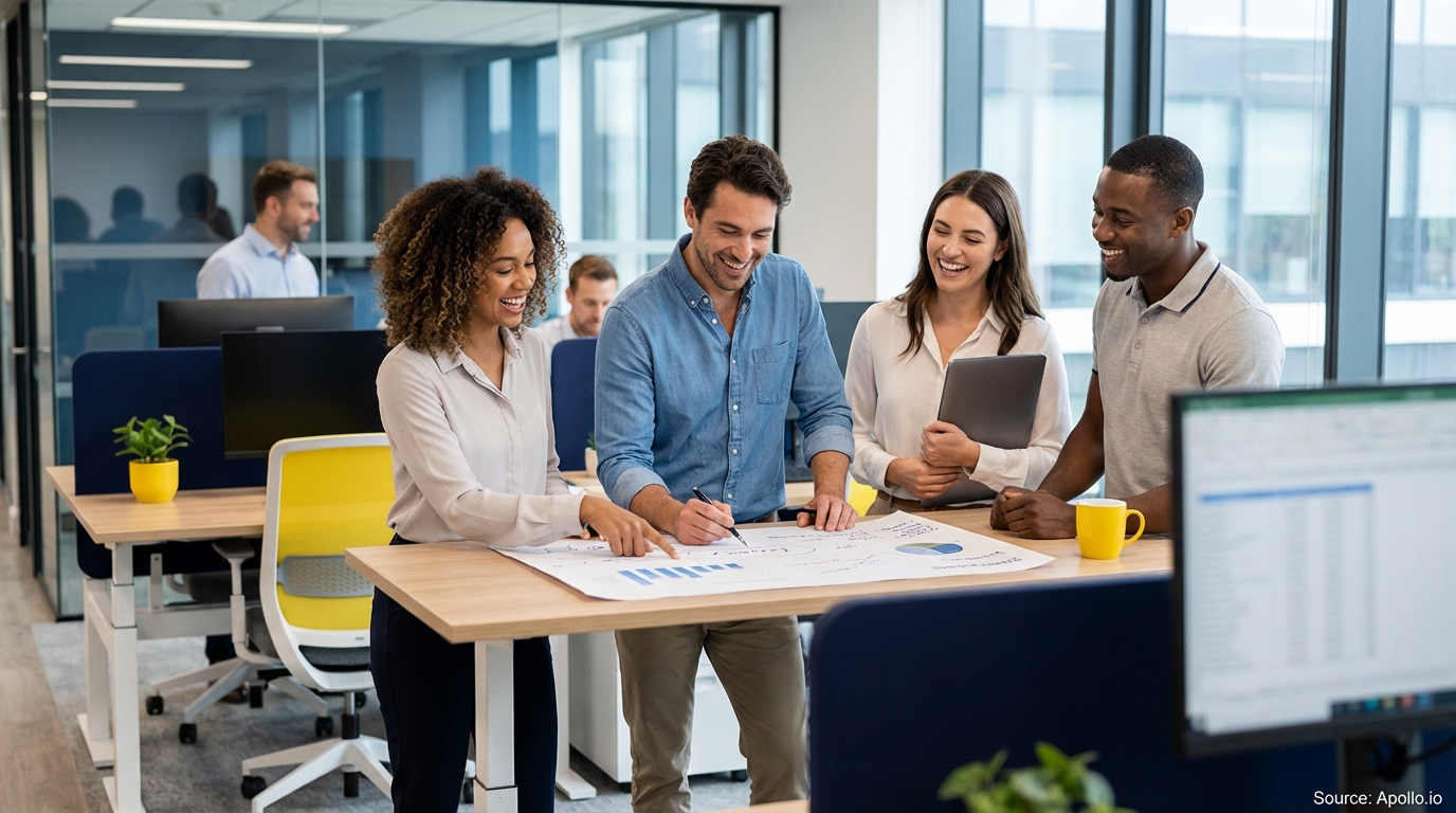 Sales team collaborating in a modern open-plan office in a sales team meeting