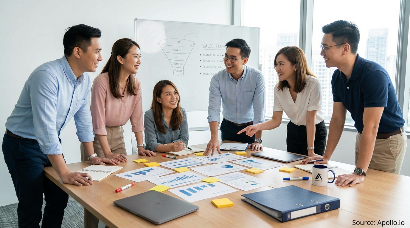 Sales professionals discussing strategy around a conference table in a sales team meeting