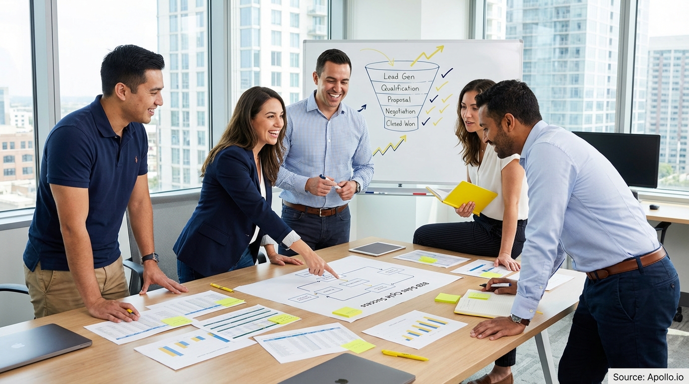 Sales professionals discussing strategy around a conference table in a sales team meeting