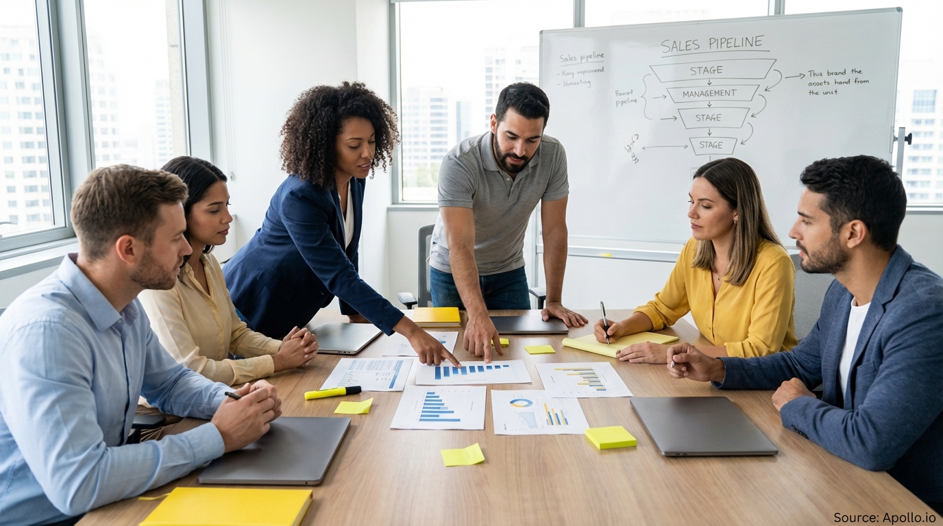 Sales professionals discussing strategy around a conference table in a sales team meeting