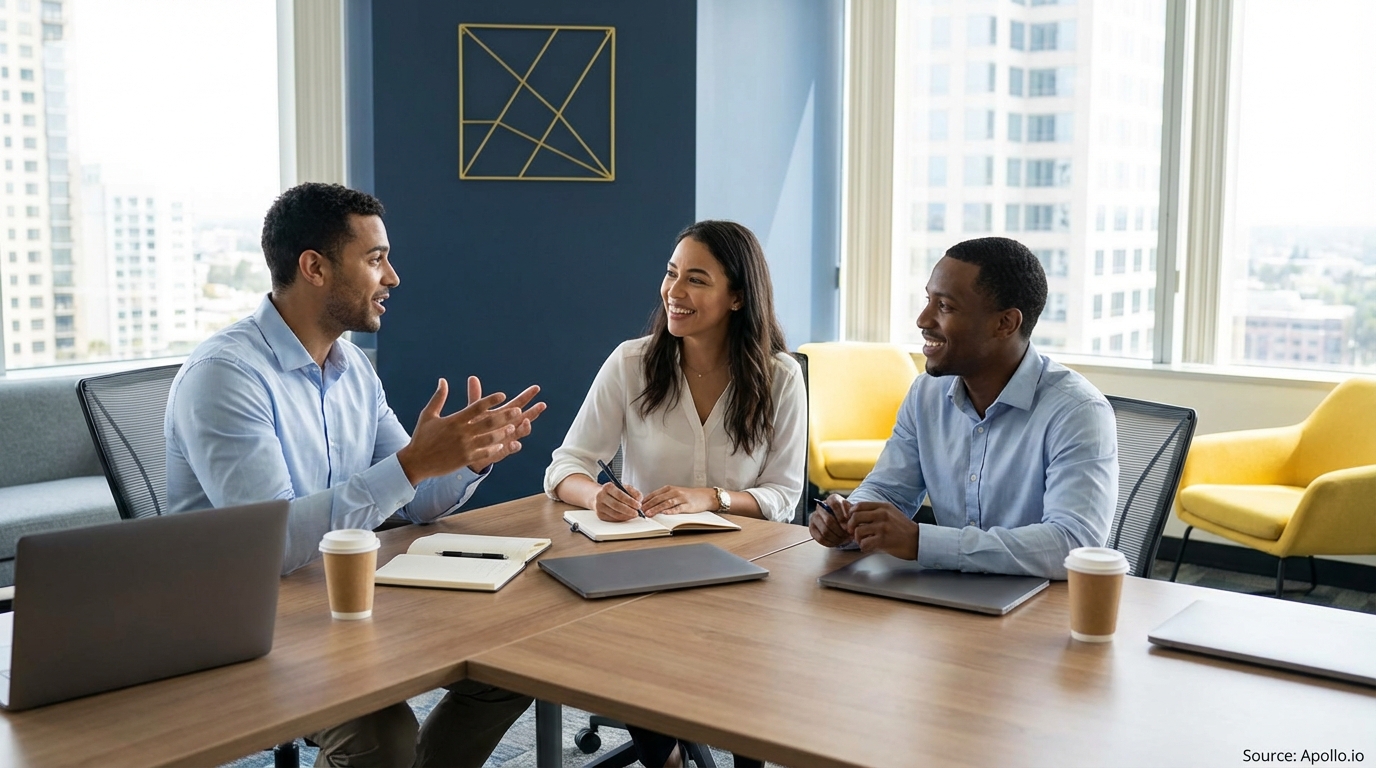Three diverse professionals meet at a modern office table with laptops, smiling and discussing.