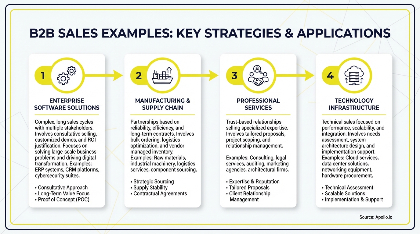 Infographic showing four types of B2B sales strategies and their applications.