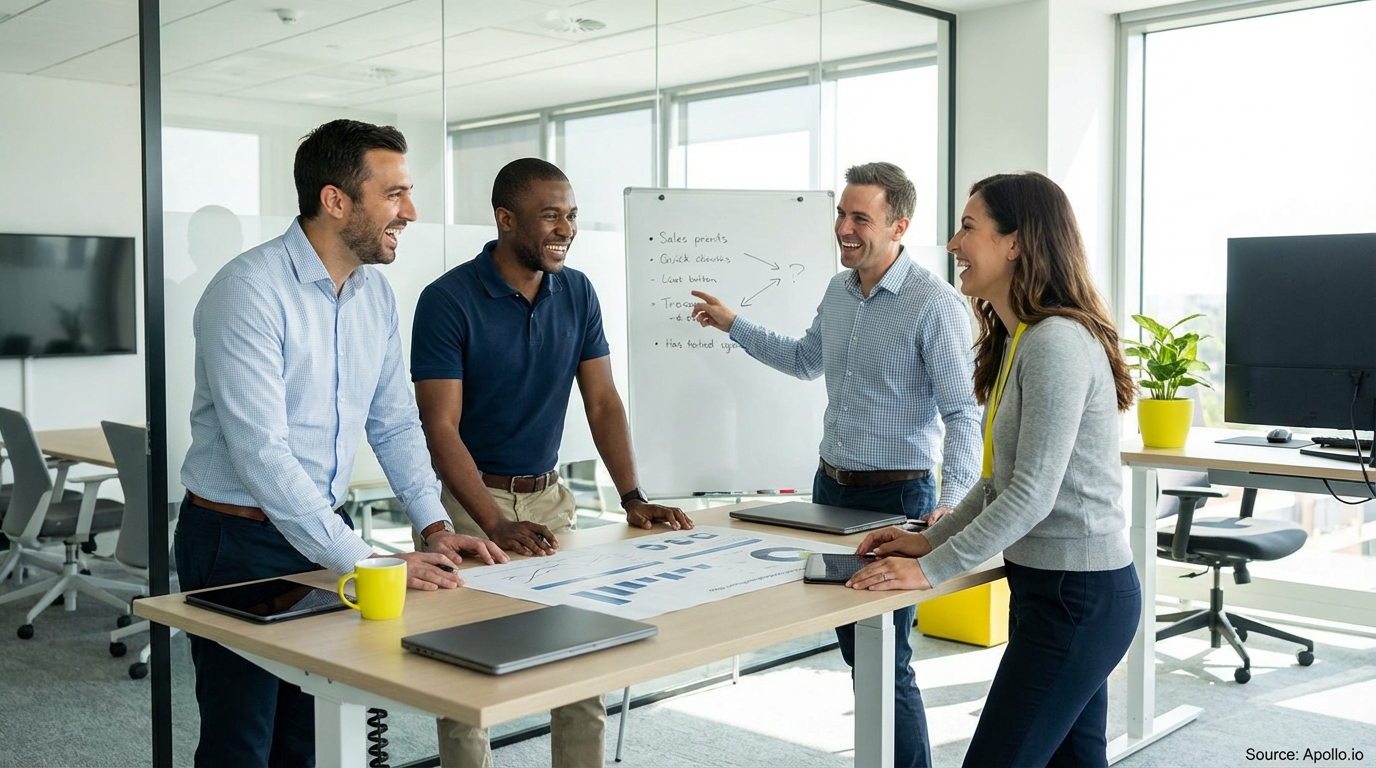 Sales team collaborating in a modern open-plan office in a sales team meeting