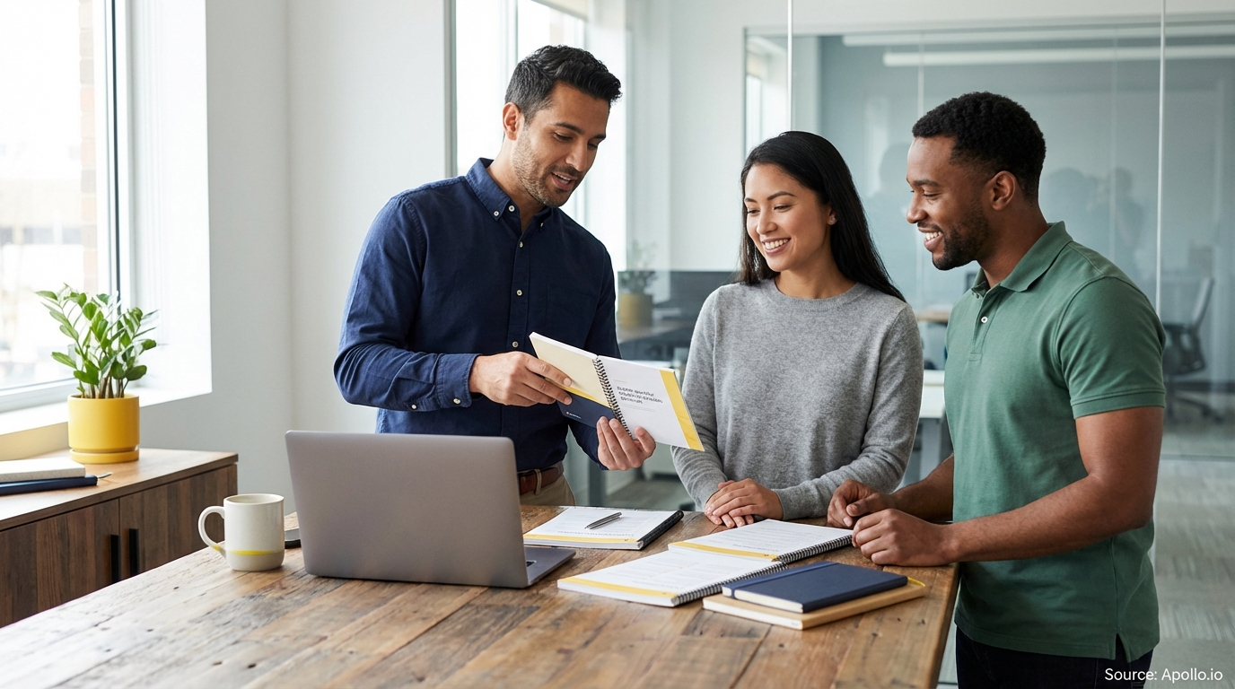 Three smiling professionals reviewing a document at a modern office table.