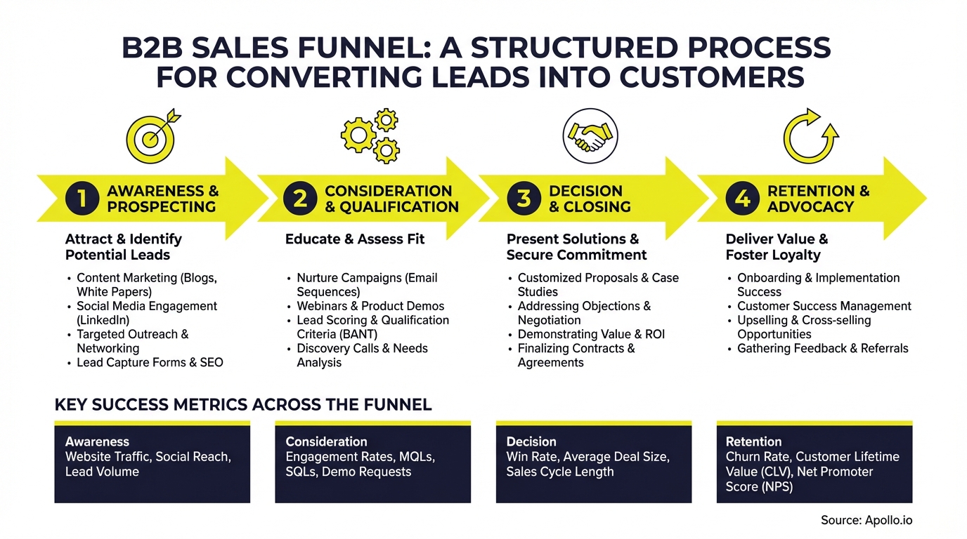 Infographic detailing a four-stage B2B sales funnel from prospecting to customer advocacy, including success metrics.