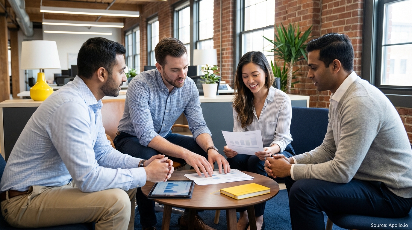 Four professionals review documents and a tablet at a modern office table.
