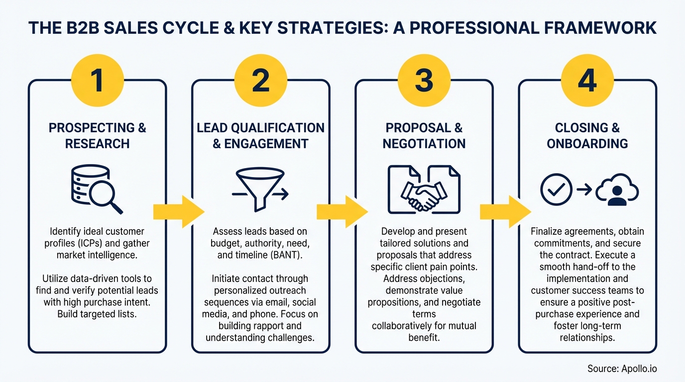 A four-step diagram illustrating the B2B sales cycle with icons and descriptions.