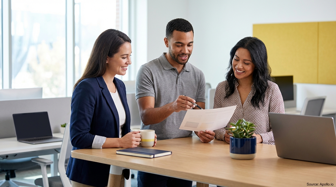 Three smiling professionals discuss a document at a modern office table with laptops.