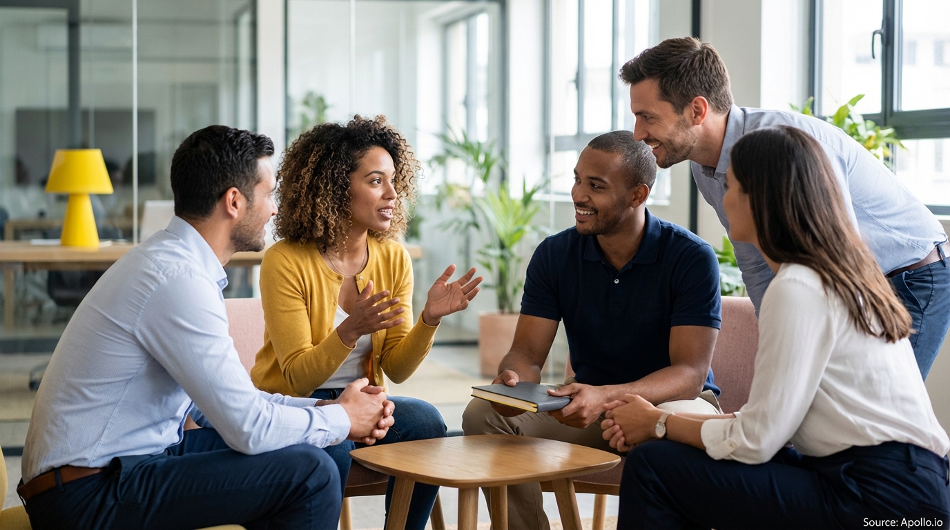 Five diverse professionals discussing and smiling in a modern office lounge.