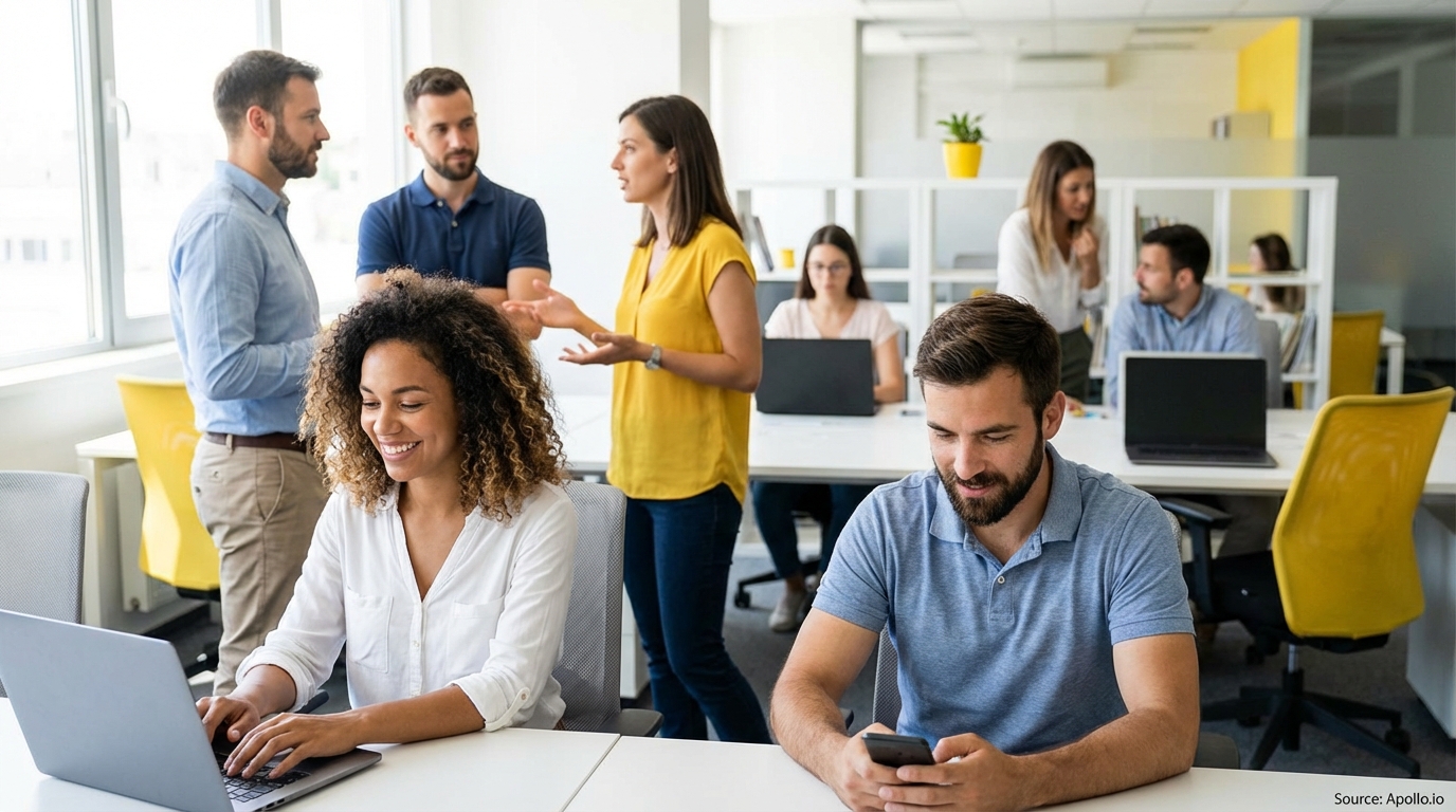 Diverse group of professionals collaborating and working individually in a modern office.