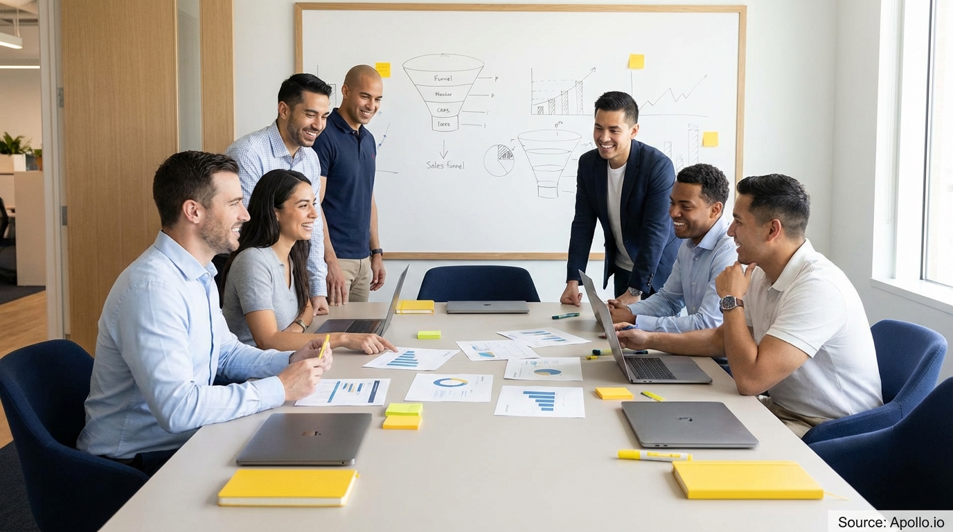 Sales professionals discussing strategy around a conference table in a sales team meeting