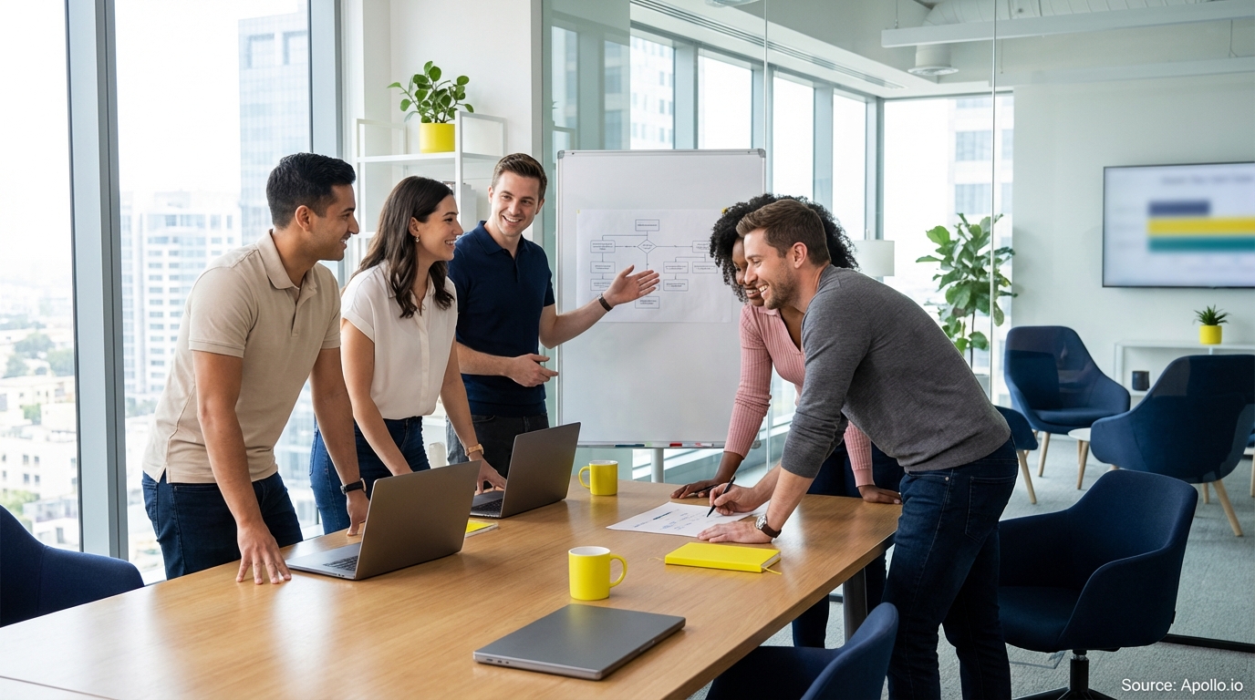 Sales team collaborating in a modern open-plan office in a sales team meeting