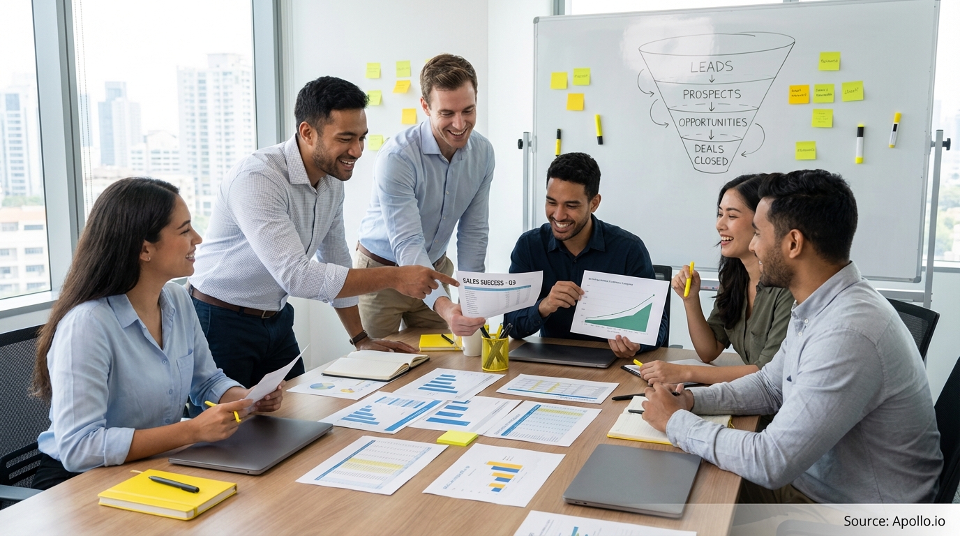 Sales professionals discussing strategy around a conference table in a sales team meeting