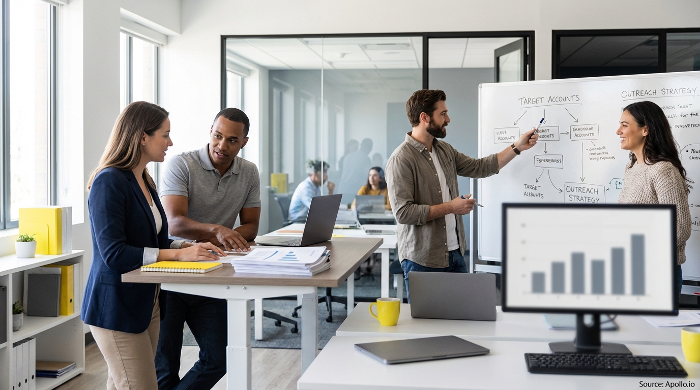 Sales team collaborating in a modern open-plan office reviewing lead generation strategies