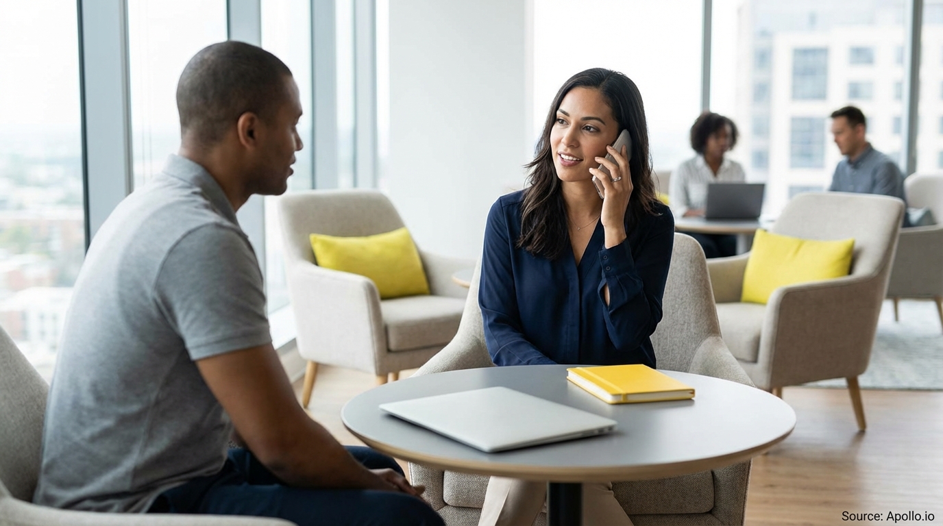 Woman talks on phone to man at table in modern office, colleagues work nearby.