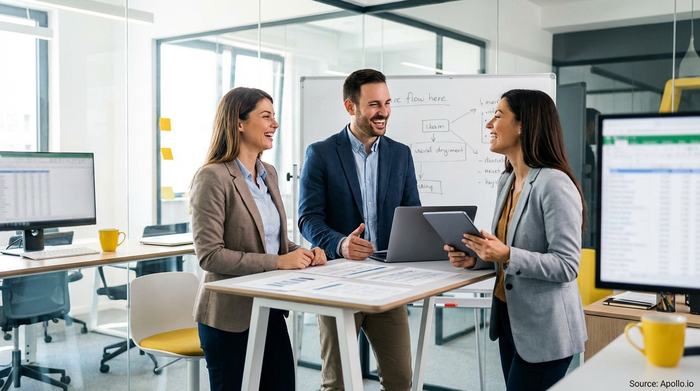 Sales team collaborating in a modern open-plan office developing growth strategies