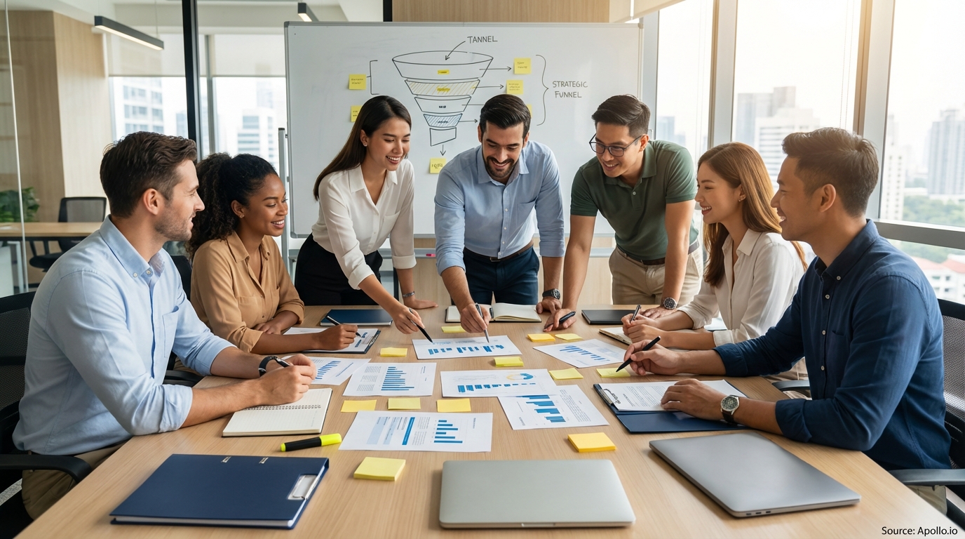 Sales professionals discussing strategy around a conference table developing growth strategies