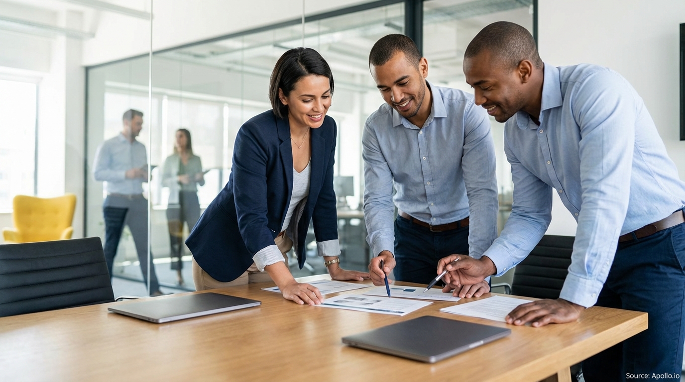 Three professionals discuss documents at a conference table in a modern office.
