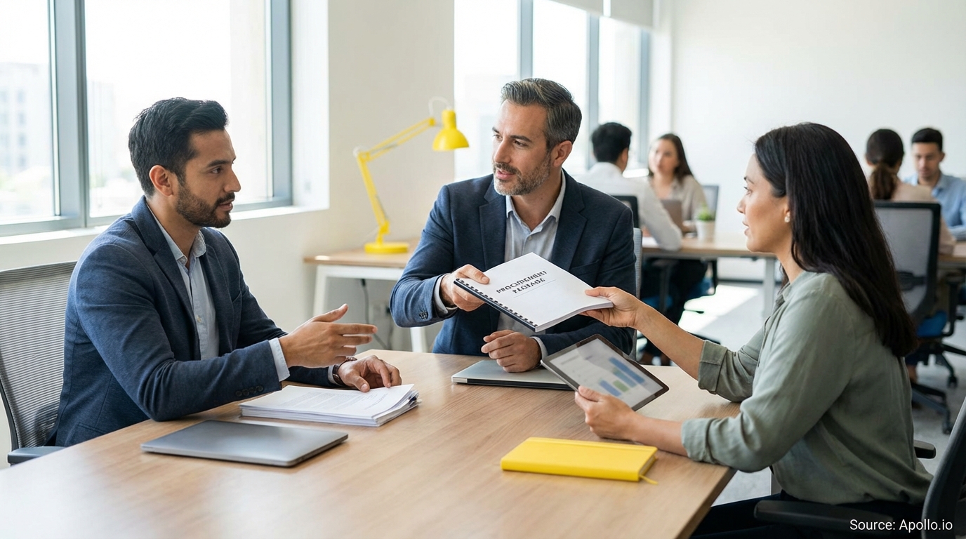 Three business professionals discuss documents and digital content at a modern office table.