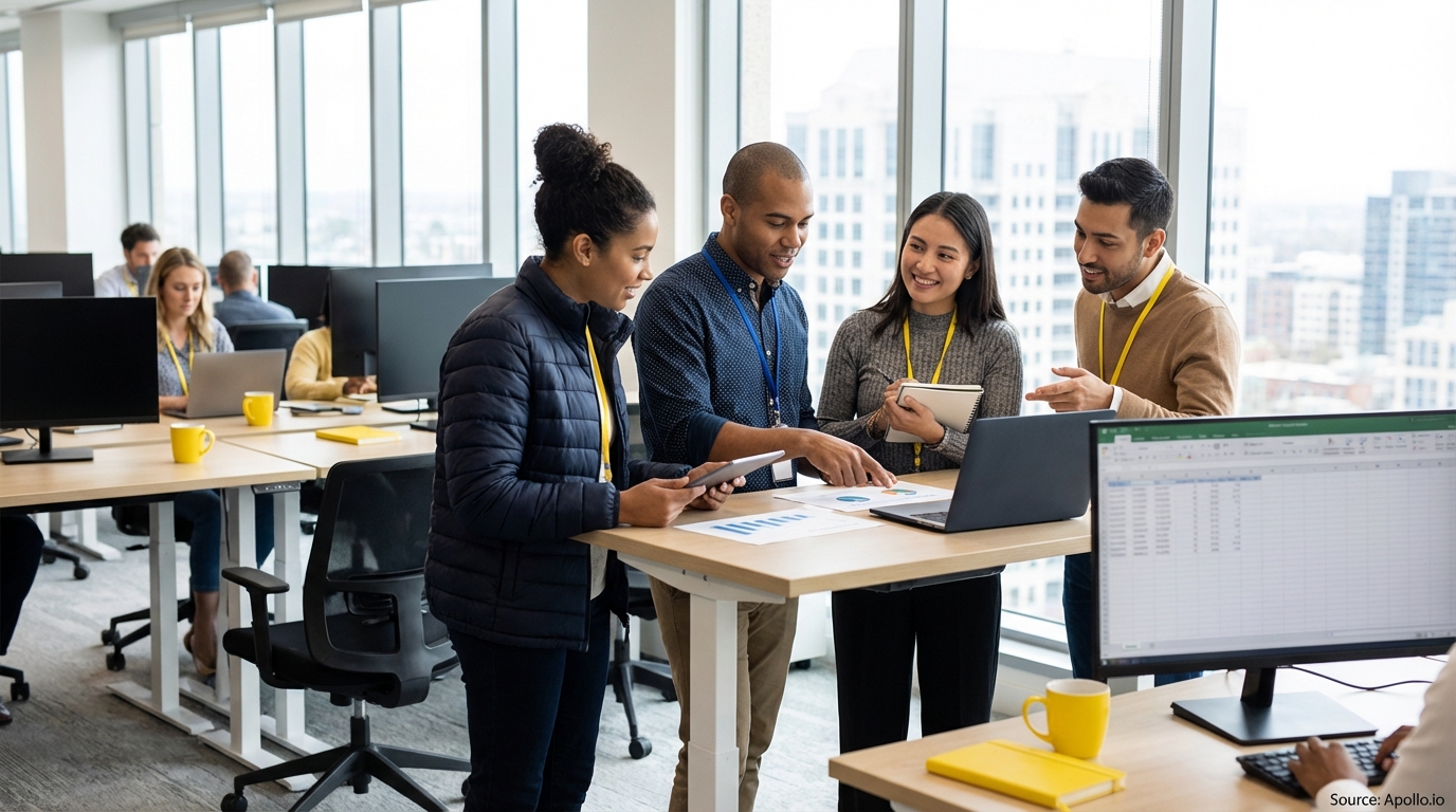 Sales team collaborating in a modern open-plan office evaluating sales technology options