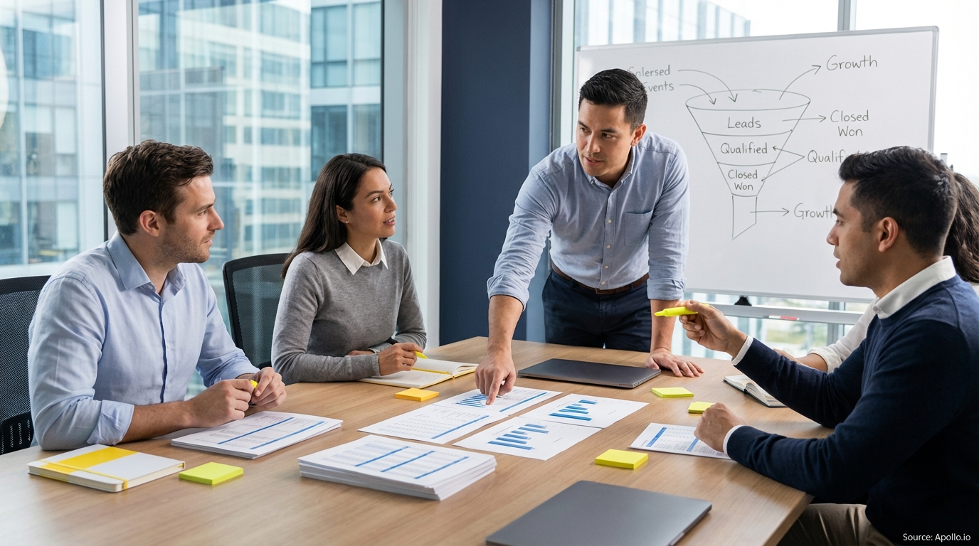 Sales professionals discussing strategy around a conference table evaluating sales technology options