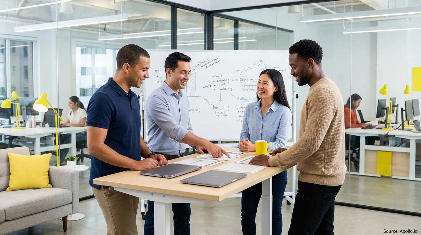 Sales team collaborating in a modern open-plan office in a sales team meeting