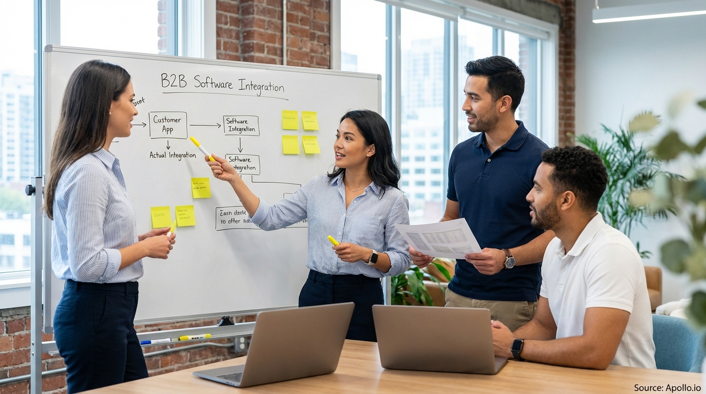 Team having a focused discussion around a meeting table evaluating sales technology options