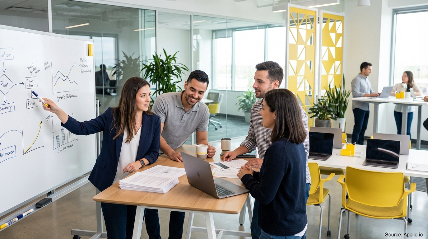 Sales team collaborating in a modern open-plan office in a sales team meeting