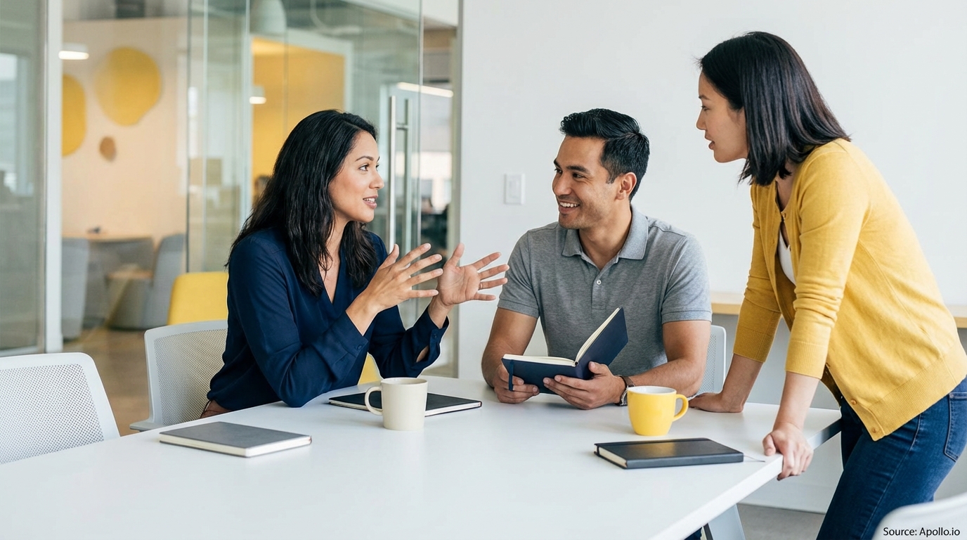 Three people collaborate at a modern office table with notebooks and coffee mugs.
