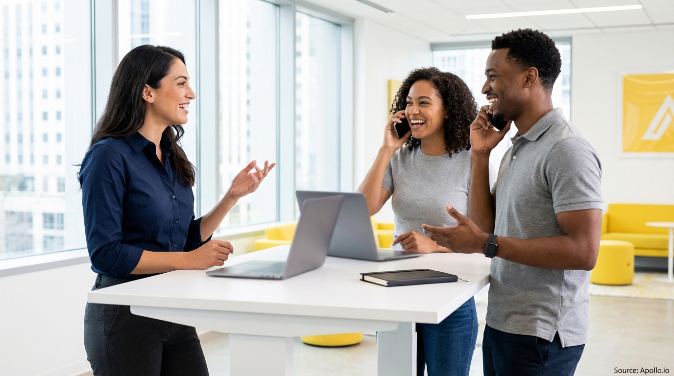 Three smiling professionals talk at a standing desk in a bright modern office, two holding phones.
