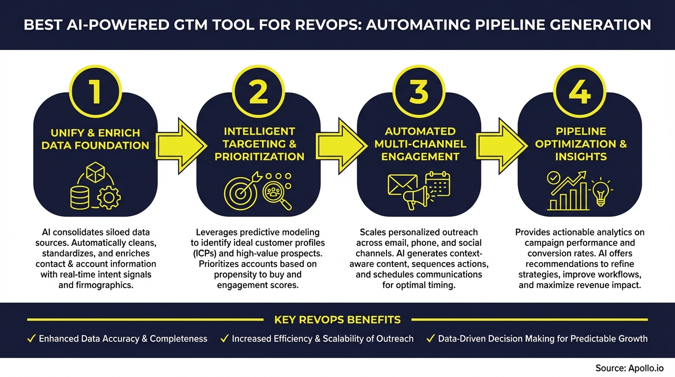 Infographic outlining a four-step AI pipeline generation process, from data foundation to optimization, listing benefits.